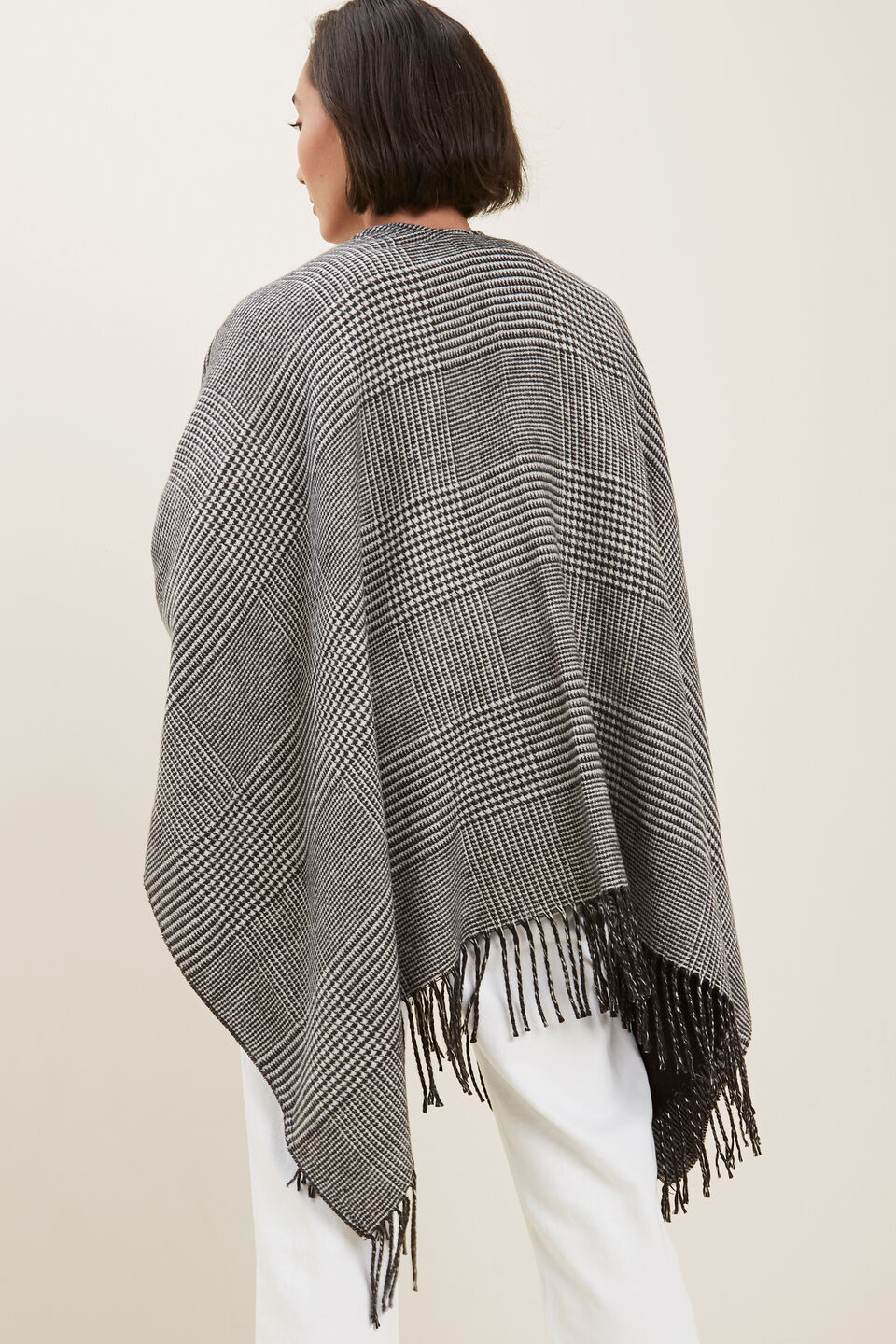 Check Tassel Poncho  Black French Vanilla