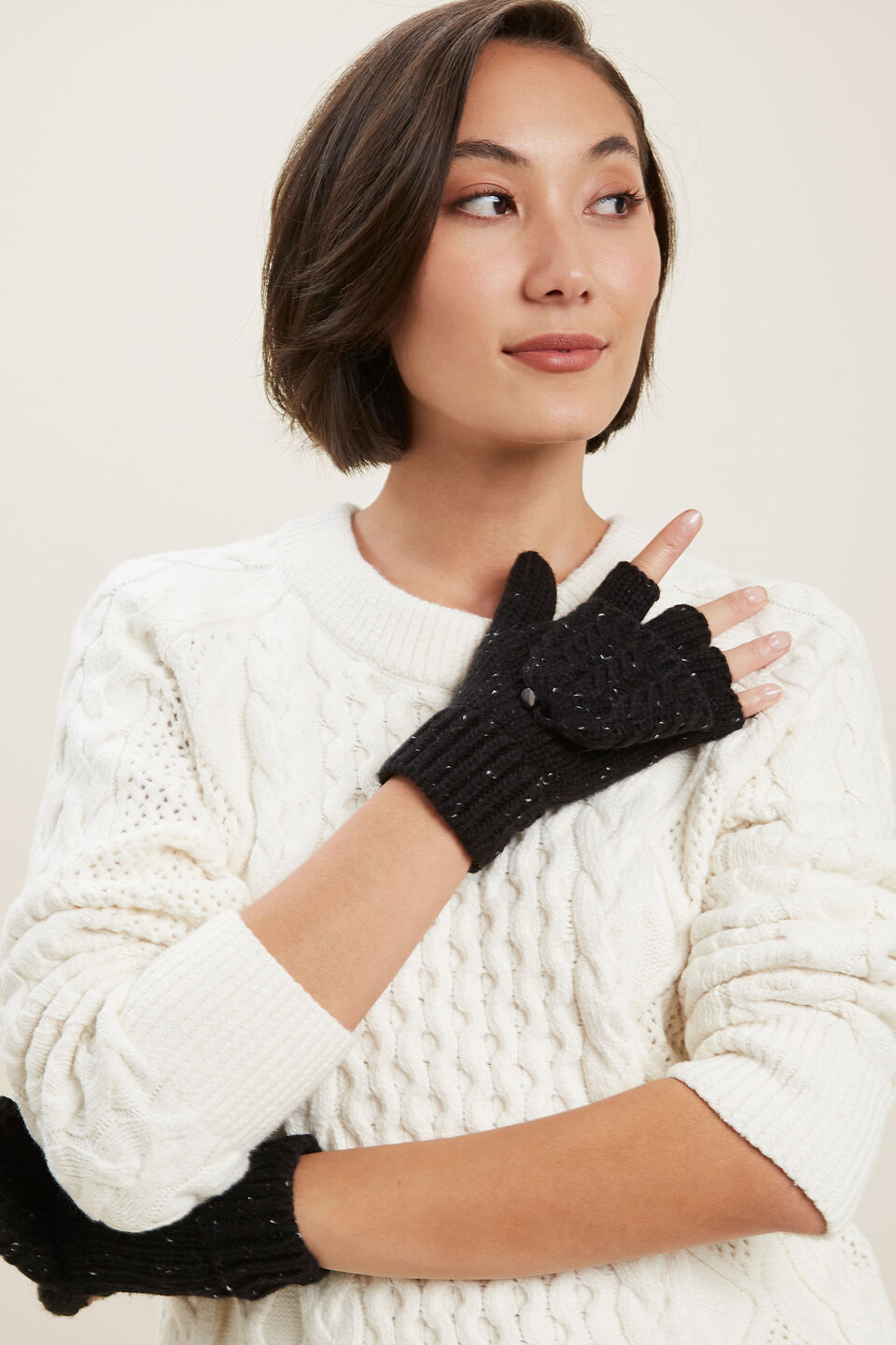 Fleck Knit Fingerless Gloves  Black