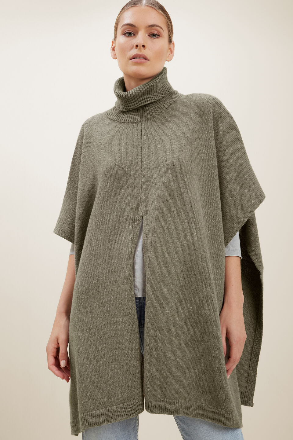 Split Front Poncho  Olive Khaki Marle