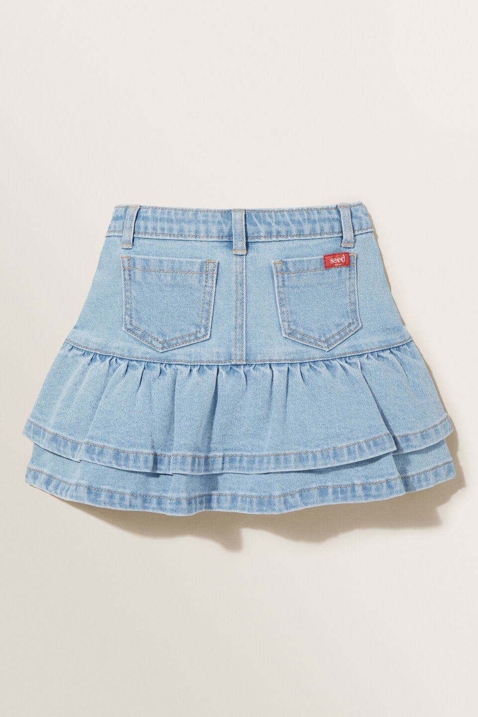 Double Frill Denim Skirt  Classic Wash