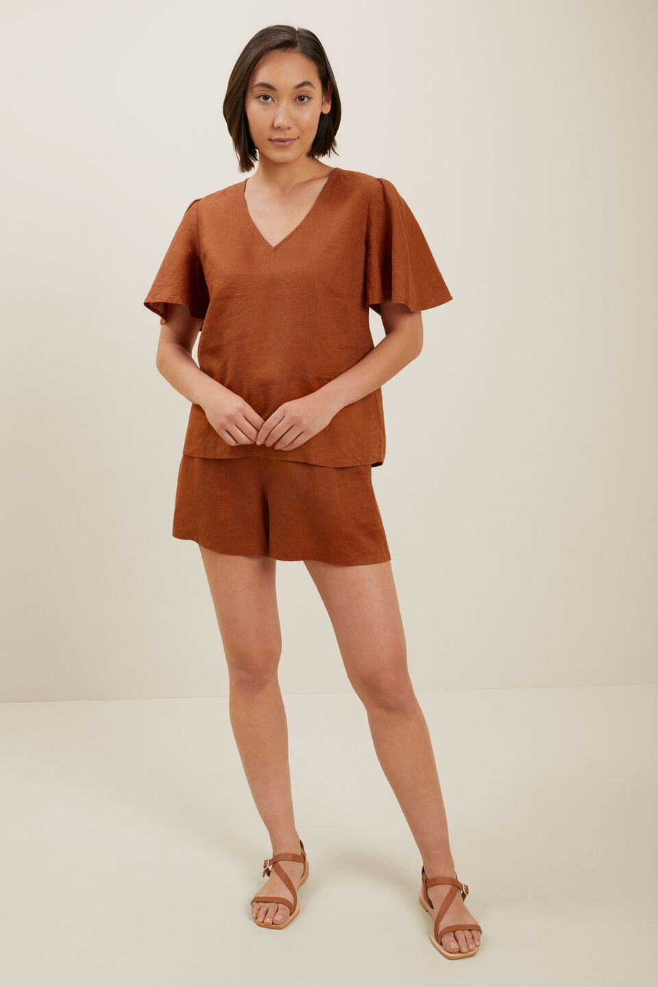 Core Linen Flutter Sleeve Top  Earth Red