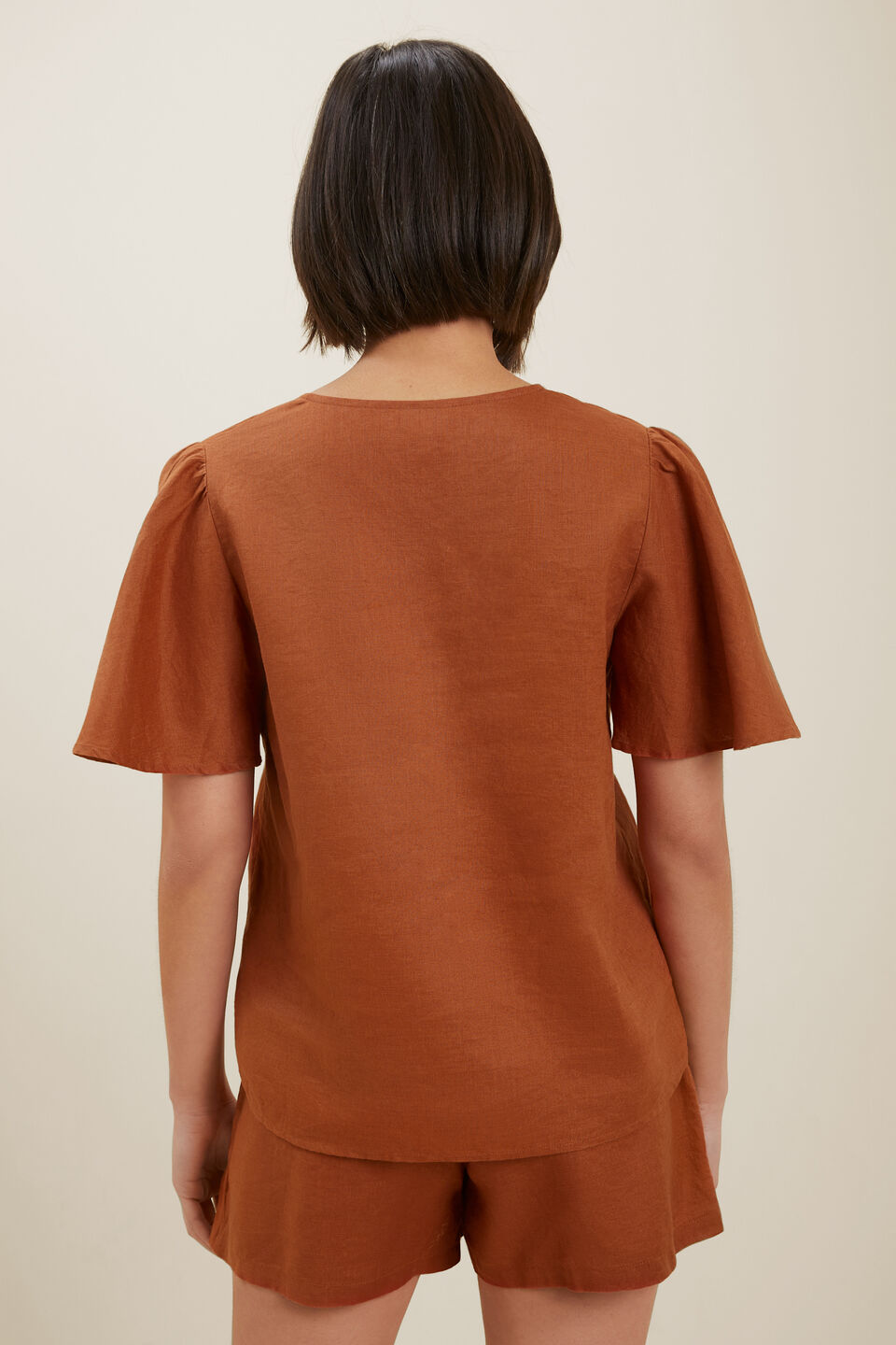 Core Linen Flutter Sleeve Top  Earth Red