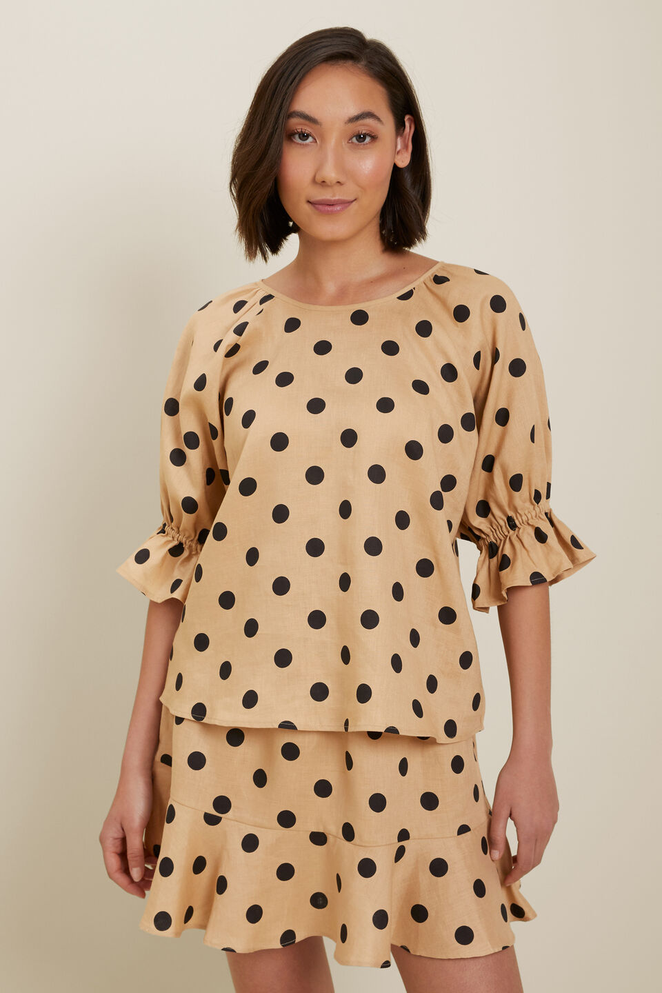 Spot Linen Puff Sleeve Blouse  Neutral Sand Spot