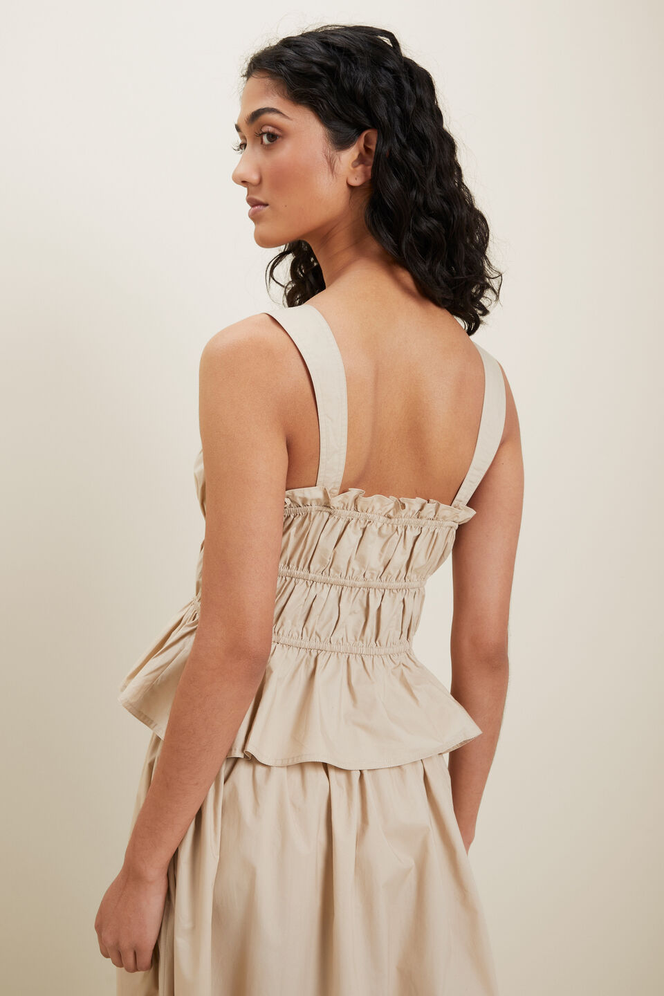 Poplin Tiered Bodice Top  Sandstone Beige