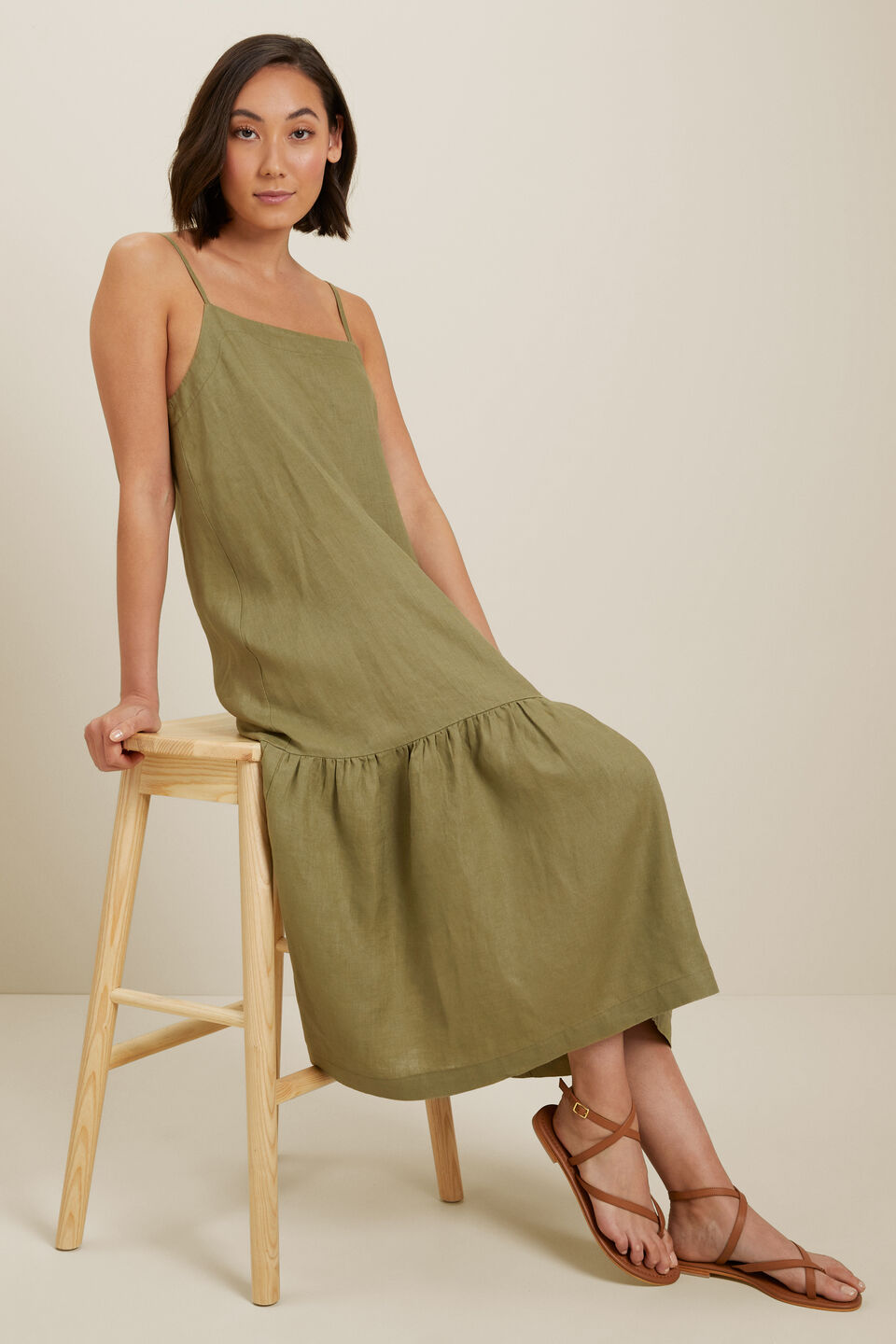 Core Linen Full Hem Midi Dress  Sage Green