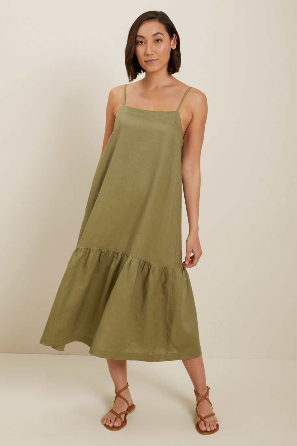 Core Linen Full Hem Midi Dress  Sage Green