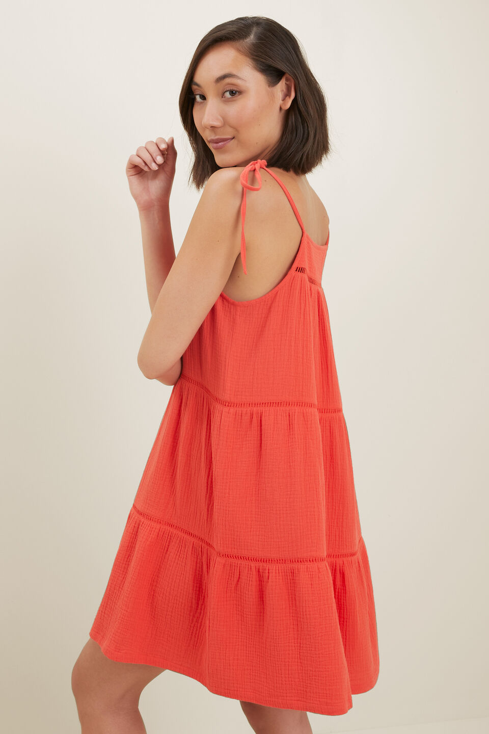 Cheesecloth Ladder Mini Dress  Chilli Red