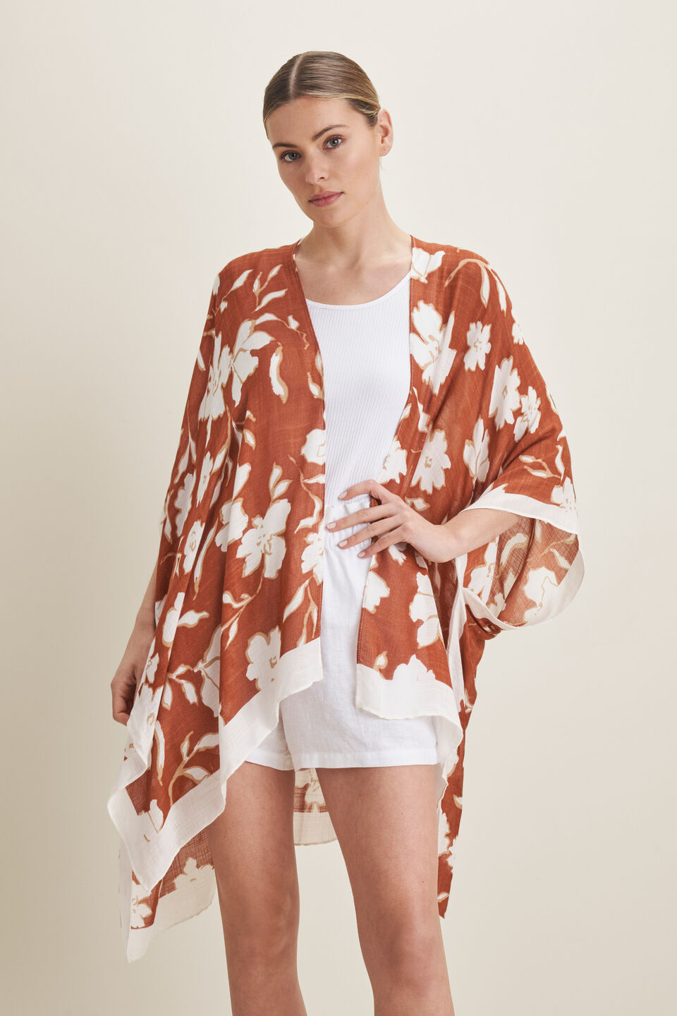 Floral Print Poncho  Earth Red Multi