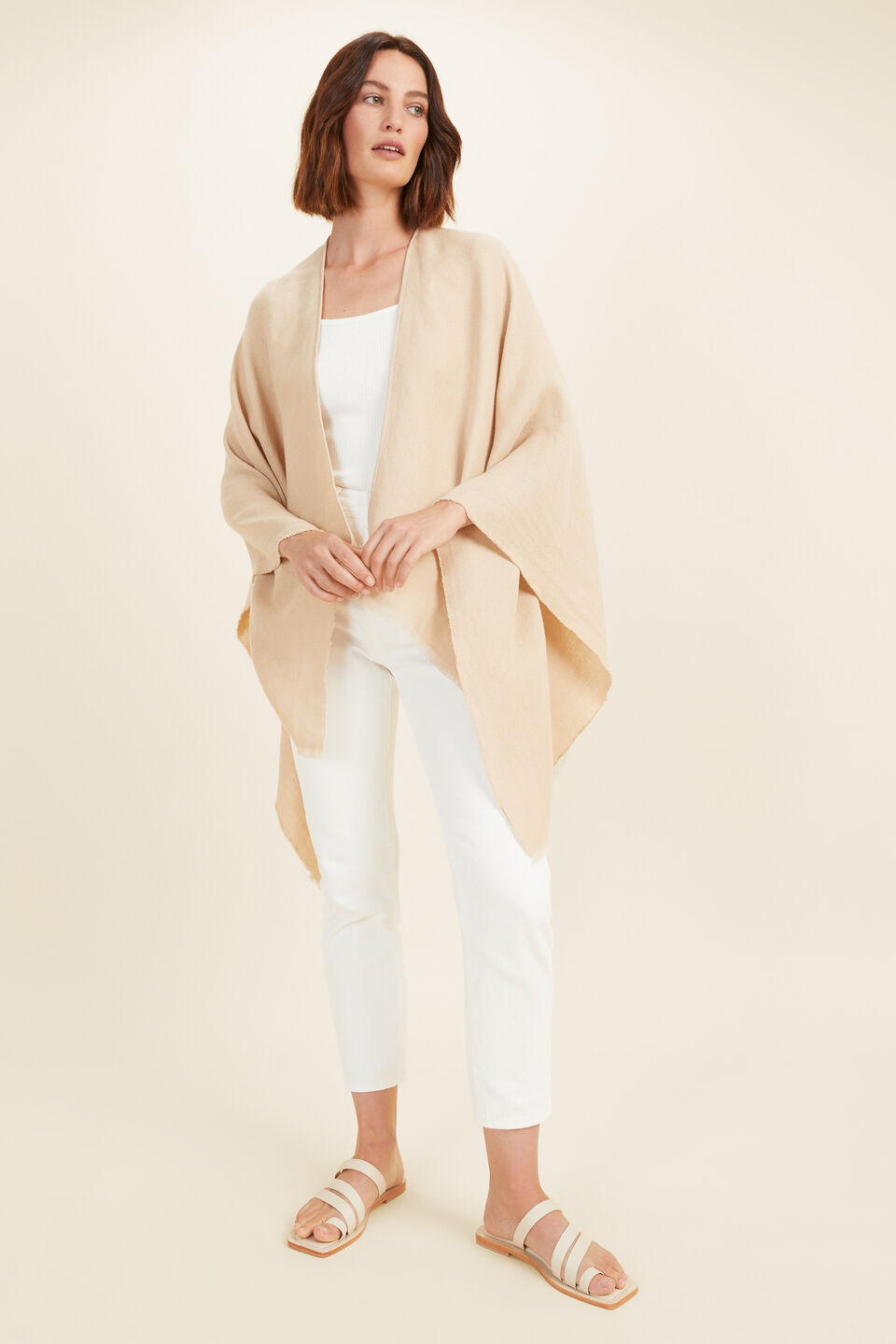 Linen Blend Poncho  Champagne Beige