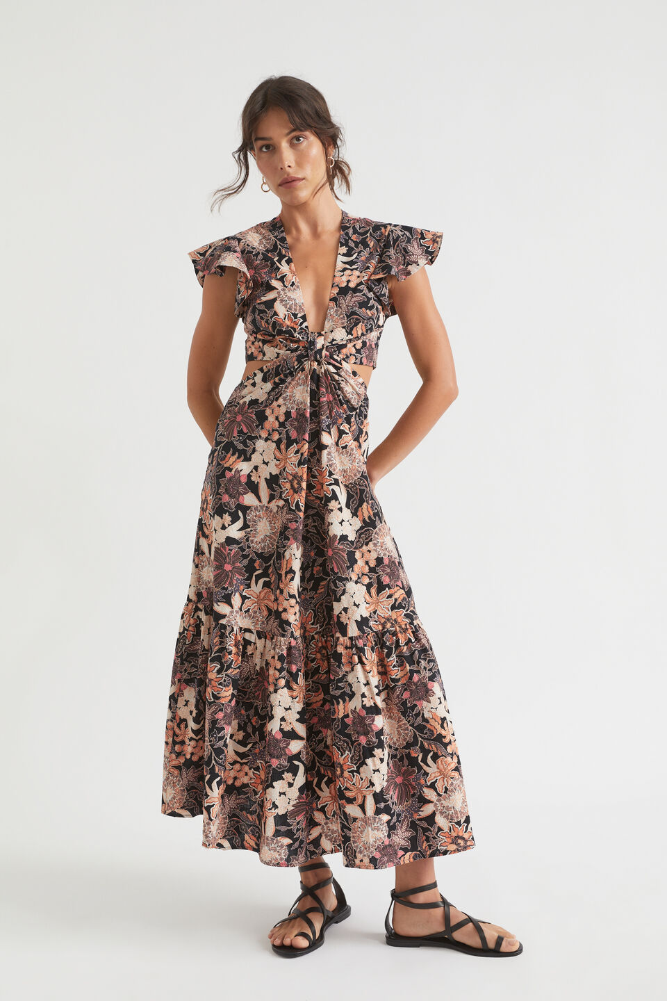 Floral Knot Front Textured Midi Dress  Peach Bloom Floral