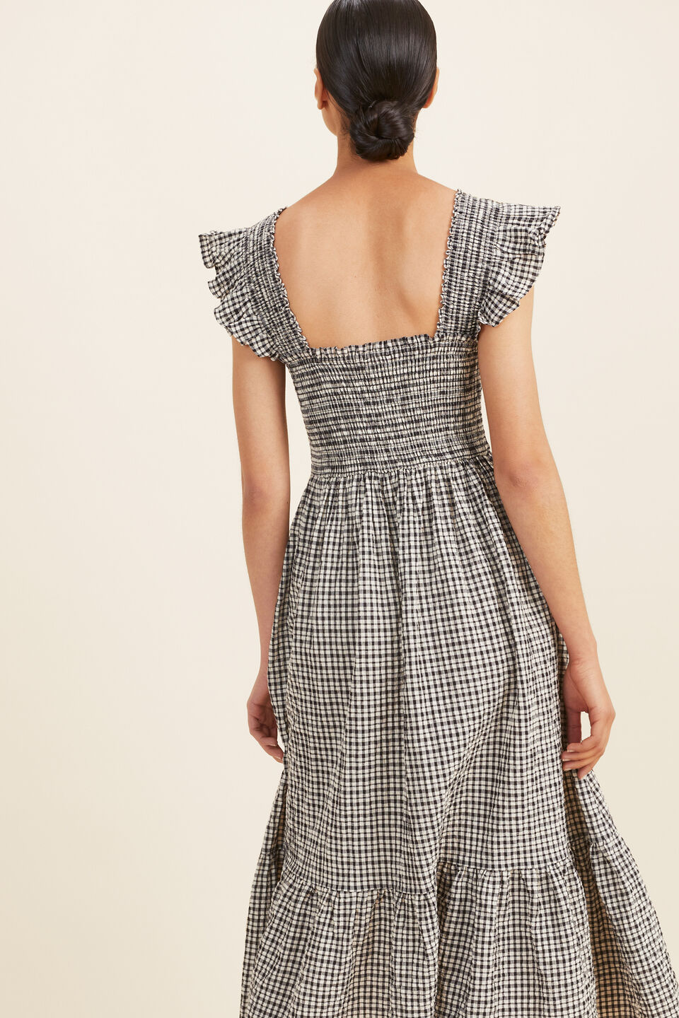 Gingham Tiered Midi Dress  Neutral Gingham