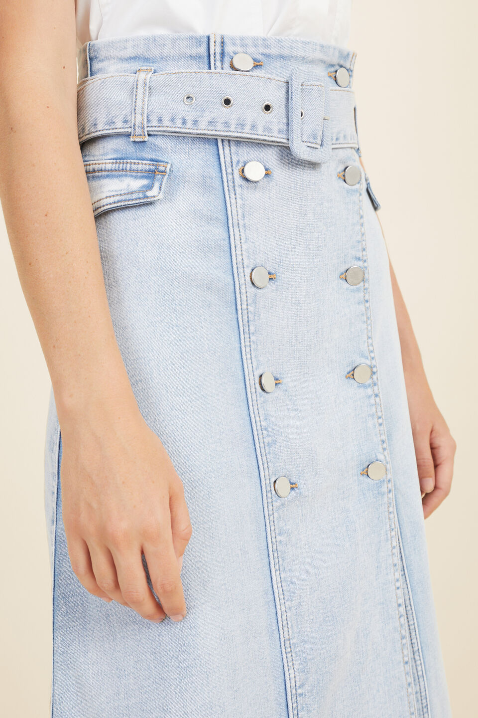 Denim Belt Button Front Skirt  Pure Blue Wash