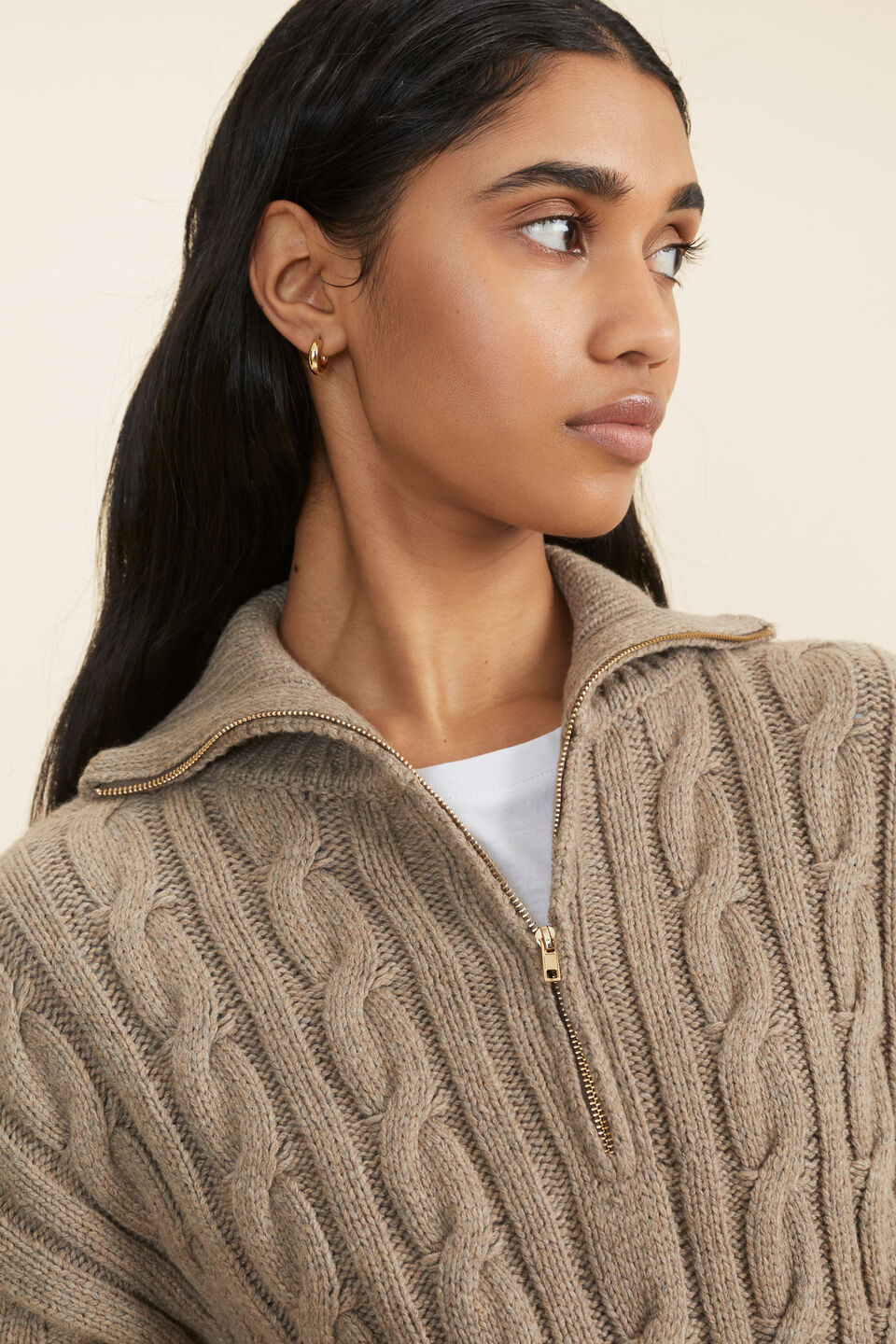 Cable Zip Through Sweater  Biscuit Marle