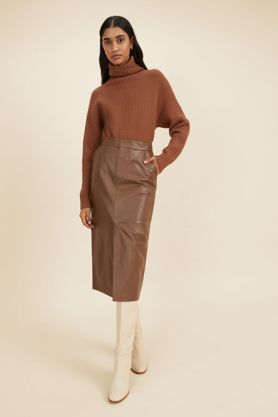 Leather Pencil Midi Skirt  Coconut Brown
