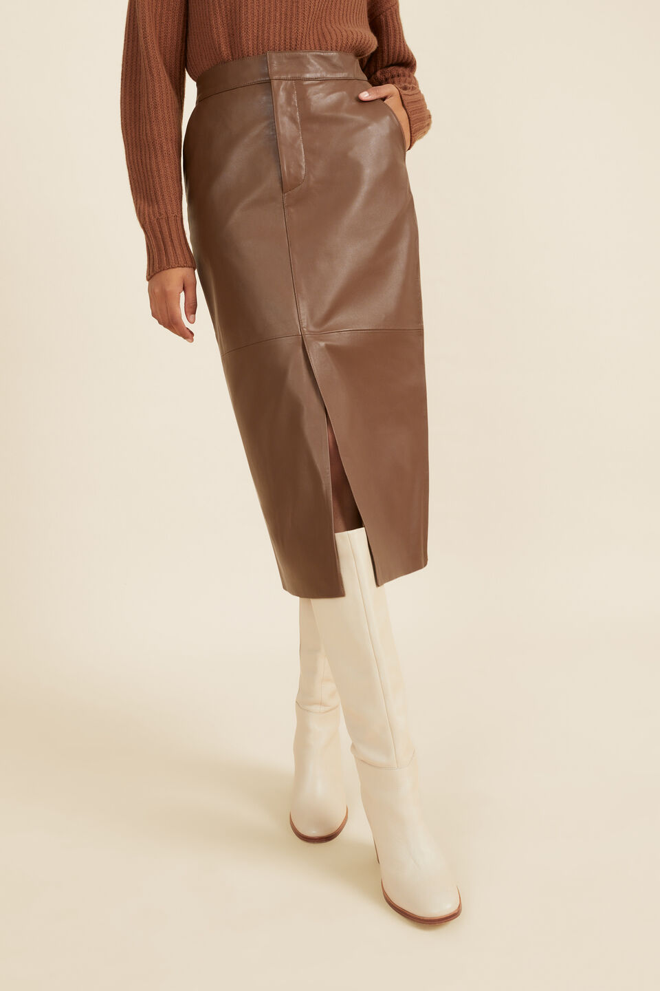 Leather Pencil Midi Skirt  Coconut Brown