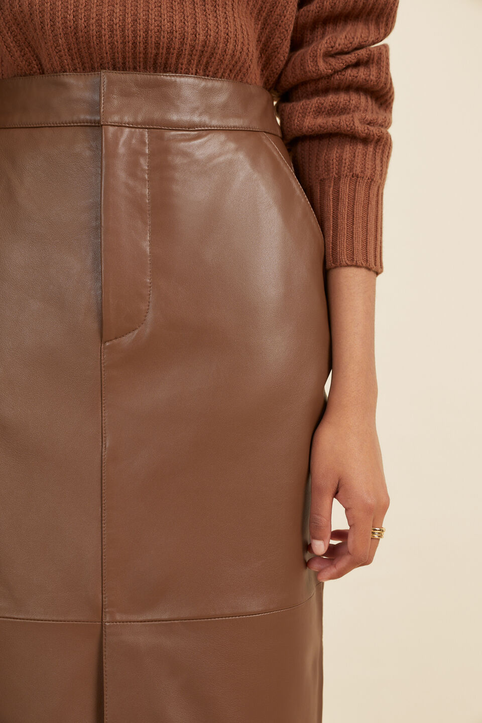 Leather Pencil Midi Skirt  Coconut Brown