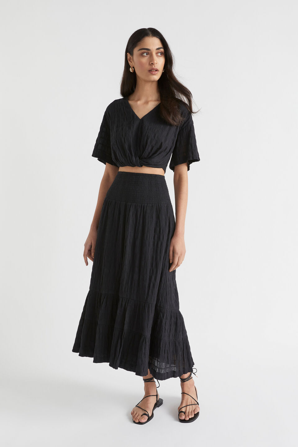 Textured Shirred Midi Skirt  Black