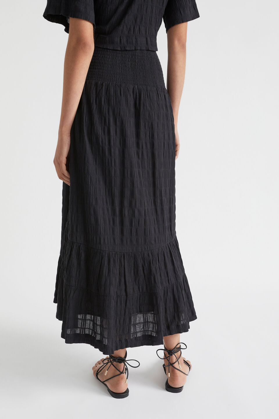 Textured Shirred Midi Skirt  Black