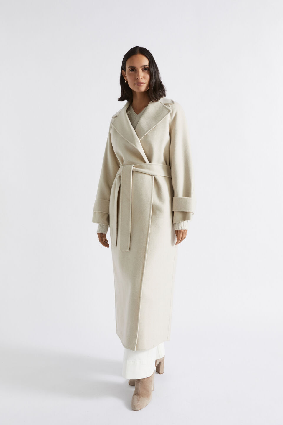 Wool Blend Trench Style Coat  Oat Marle