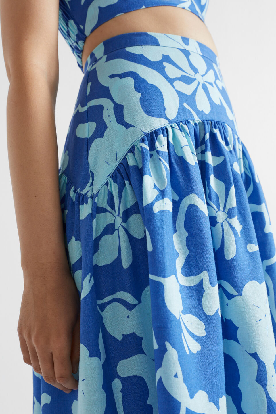 Linen Floral Midi Skirt  Deep Ocean Floral