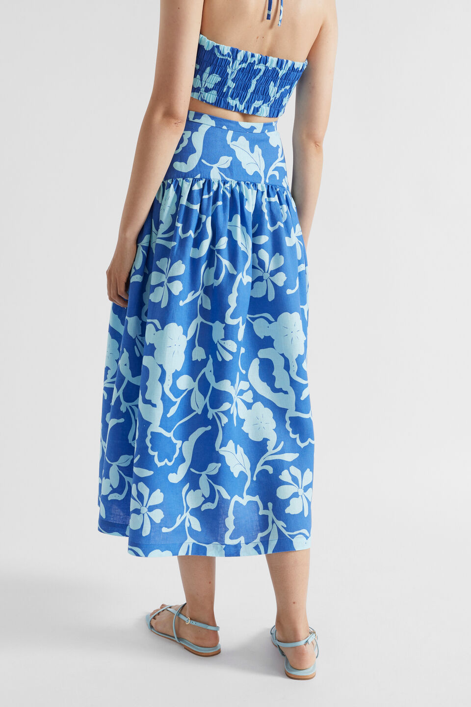 Linen Floral Midi Skirt  Deep Ocean Floral