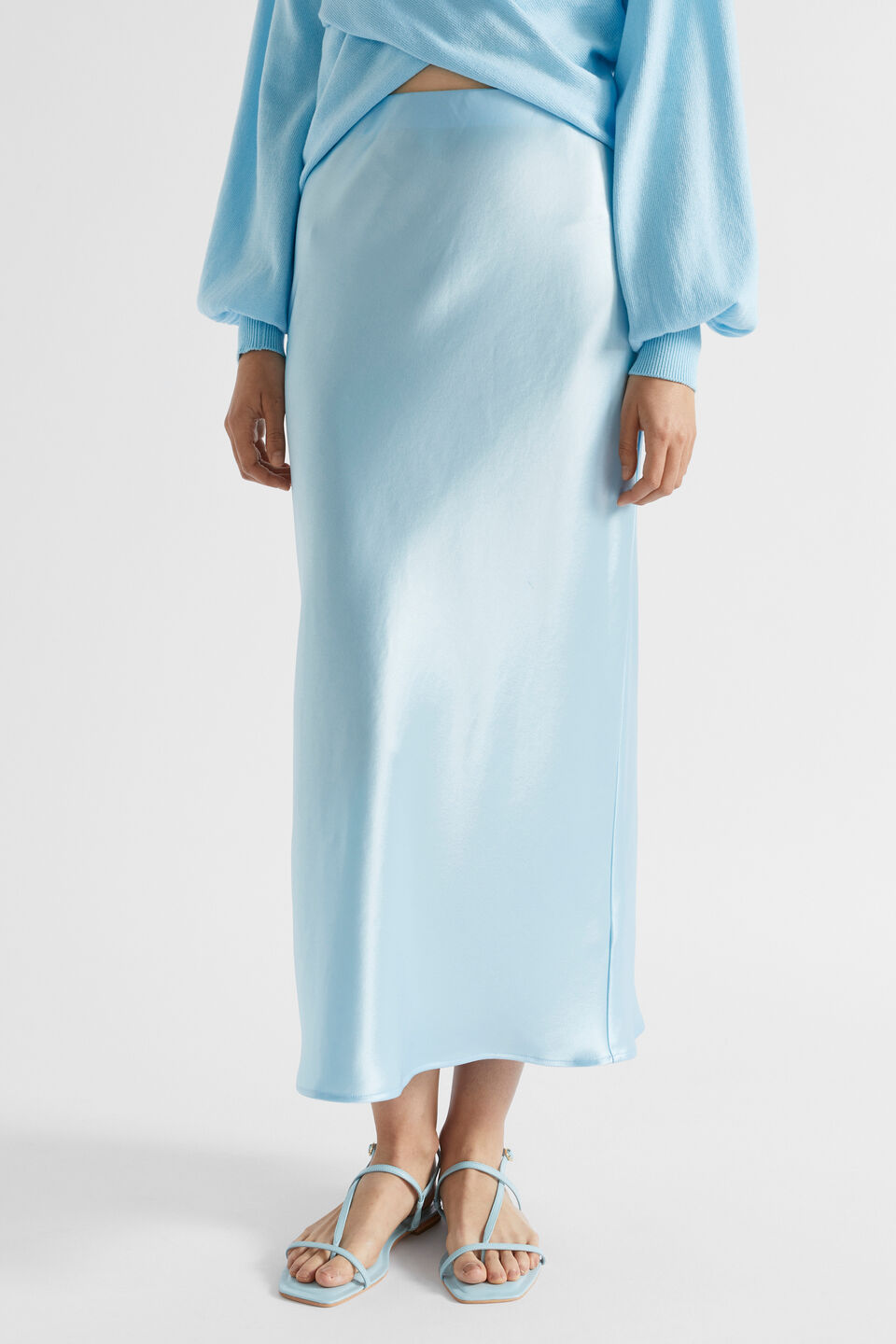 Satin Split Midi Skirt  Shimmer Blue