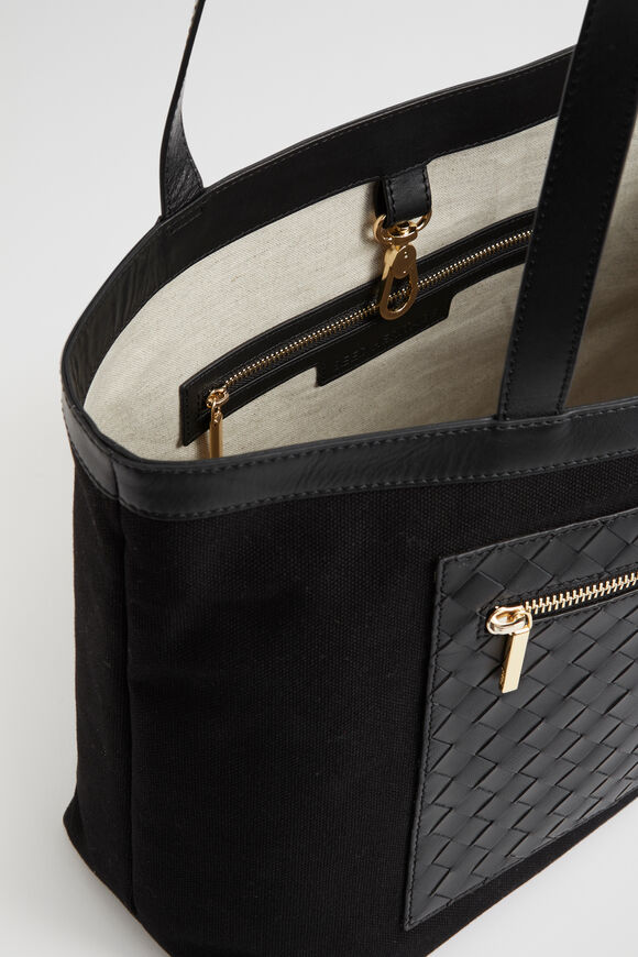 Leather Woven Fabric Tote  Black  hi-res