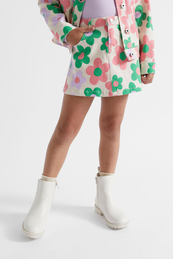 Flower Print Denim Skirt  Creme  hi-res