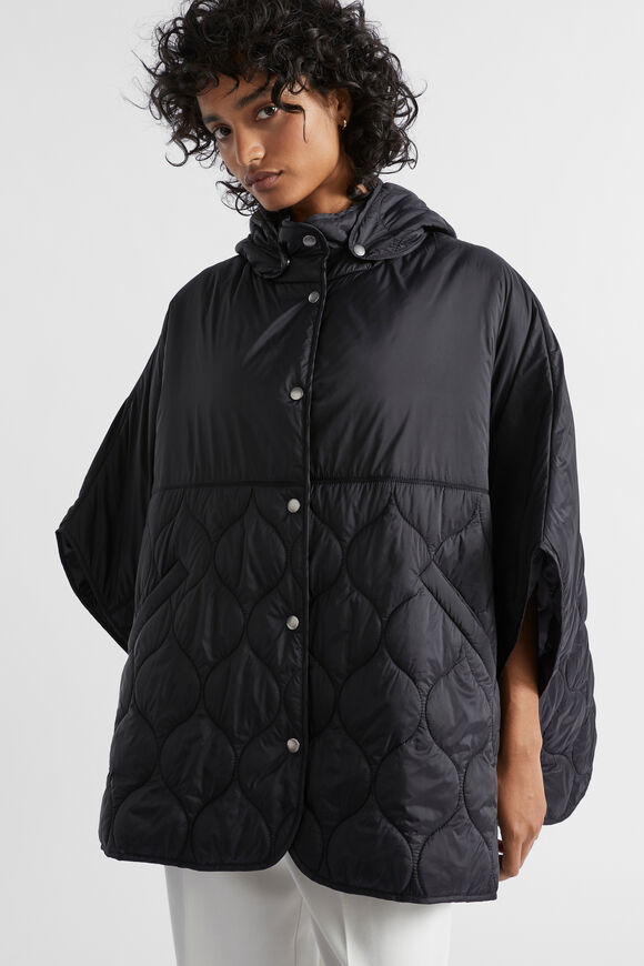 Quilted Hood Poncho  Black  hi-res