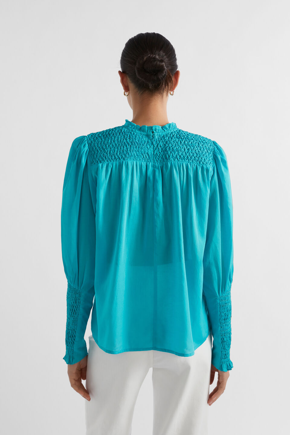 Voile Smocked Sleeve Blouse  Peacock Blue