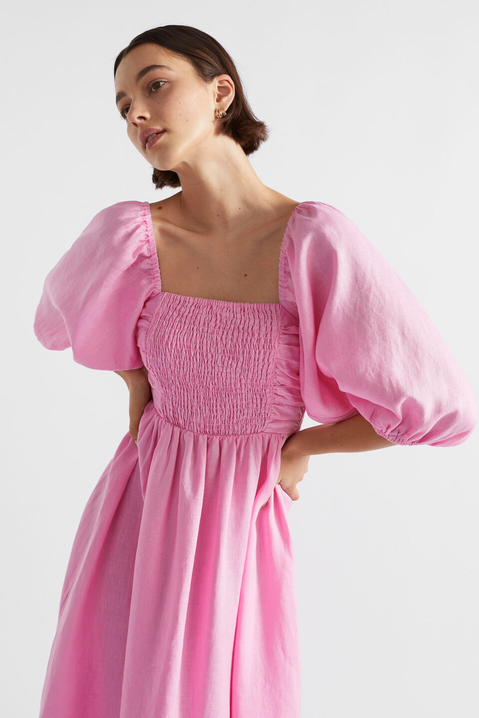 Linen Shirred Midi Dress  Pink Gin