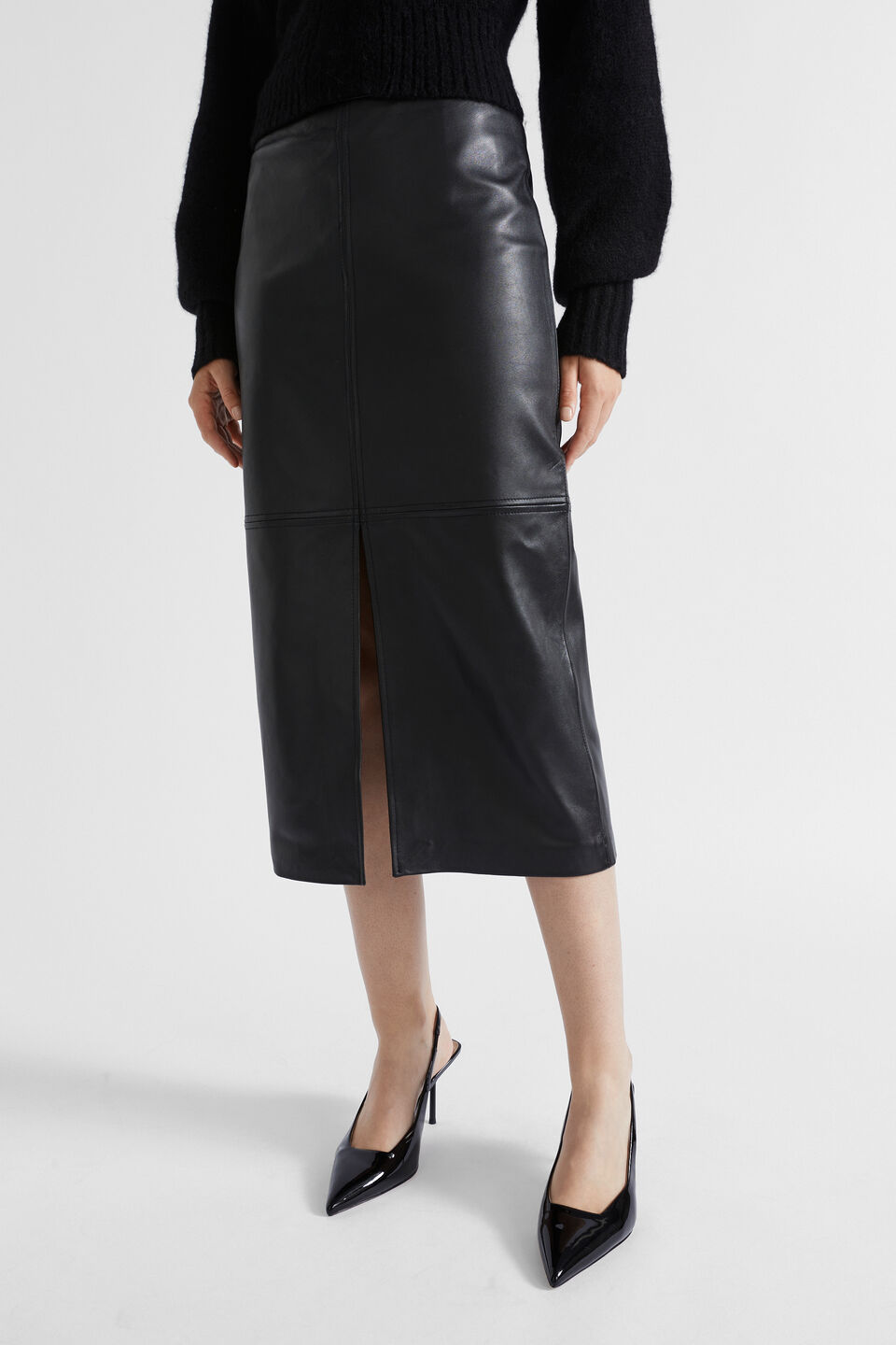 Leather Midi Pencil Skirt  Black