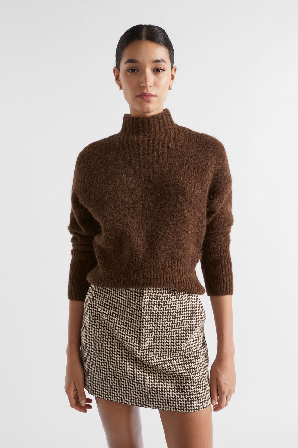 Wool Blend Mock Neck Knit  Hot Chocolate Marle