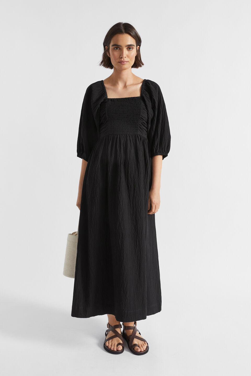 Cotton Crinkle Midi Dress  Black