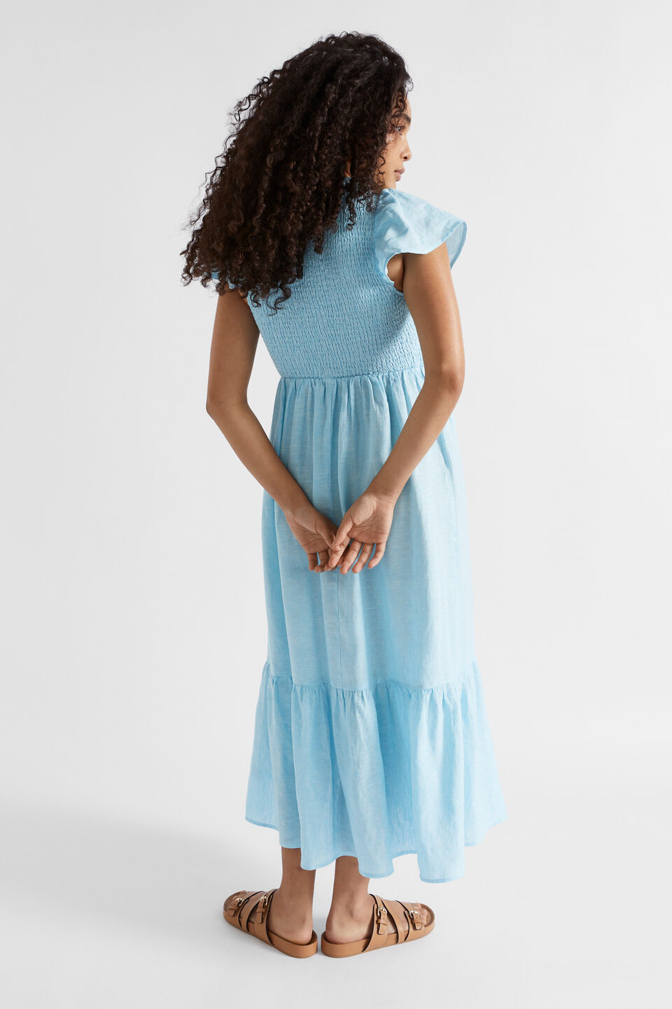 Linen Frill Sleeve Dress  Shimmer Blue Crossdye