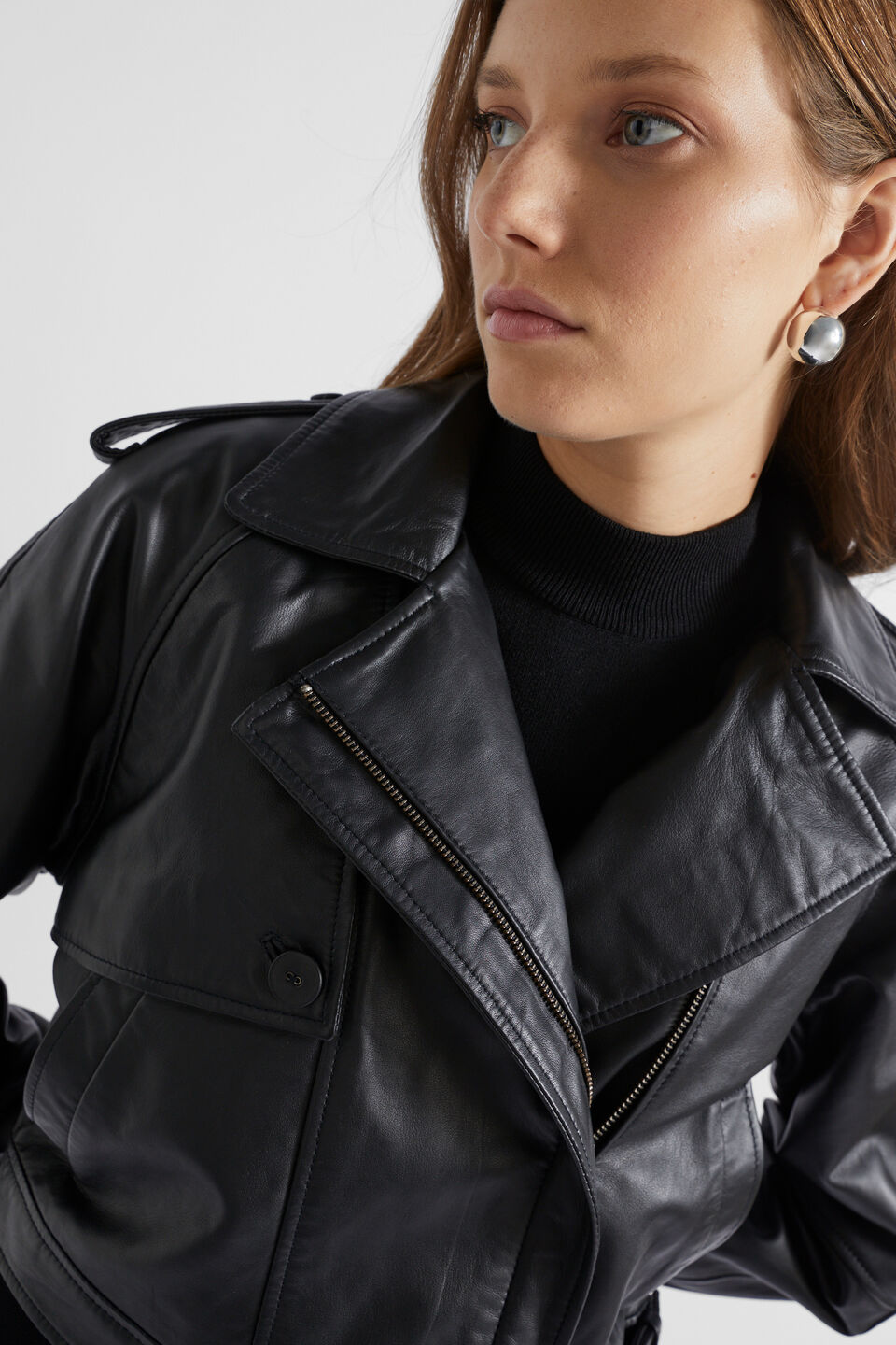 Leather Cropped Biker Jacket  Black