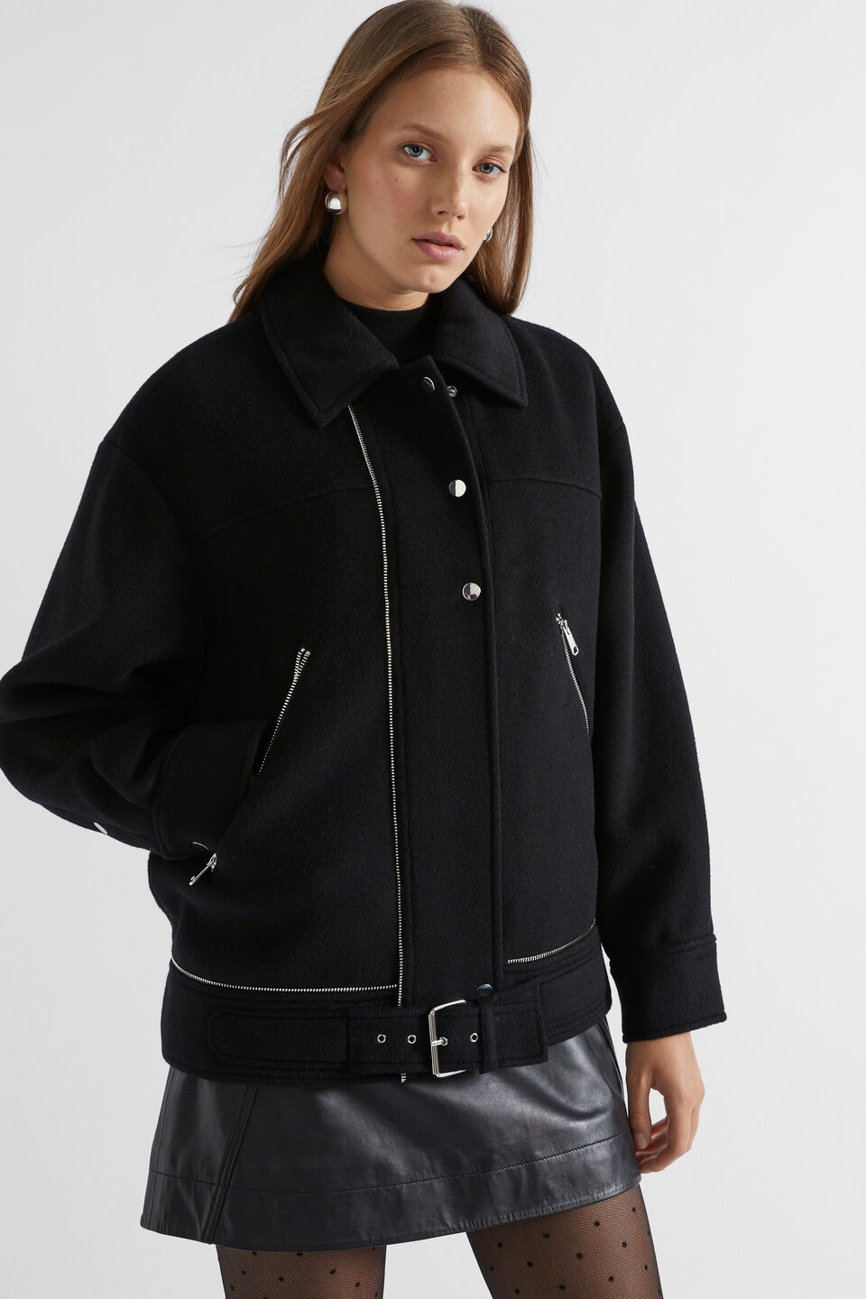Wool Blend Zip Detail Jacket  Black