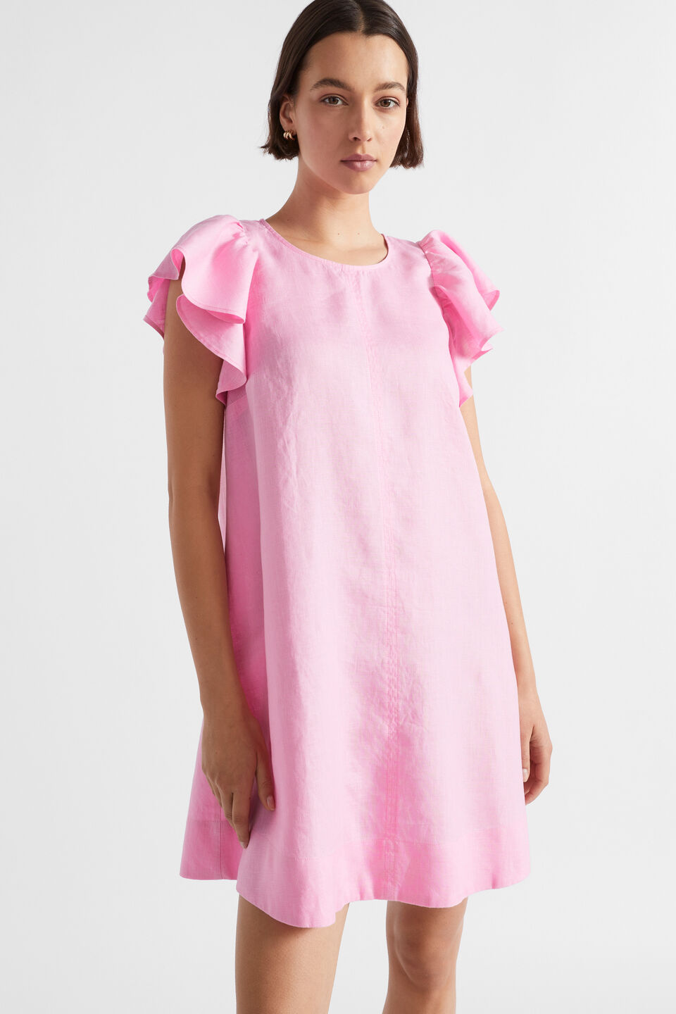 Core Linen Frill Sleeve Mini Dress  Pink Gin