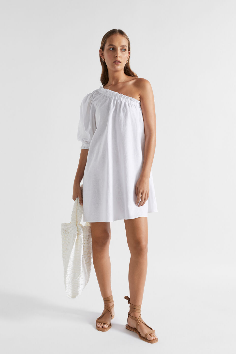 Linen One Shoulder Mini Dress  Whisper White