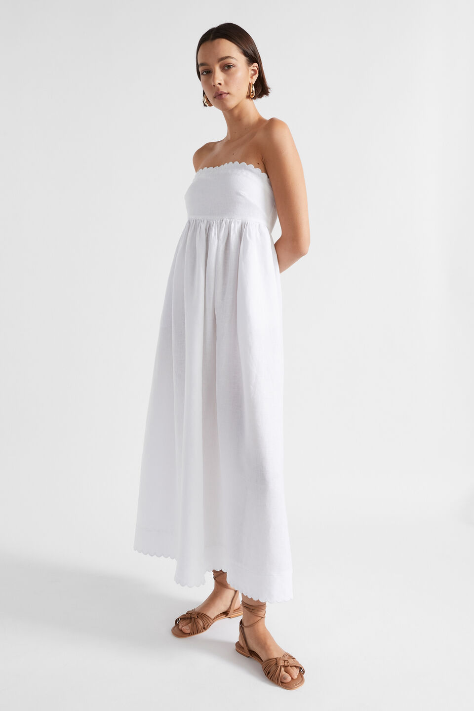 Linen Scallop Midi Dress  Whisper White