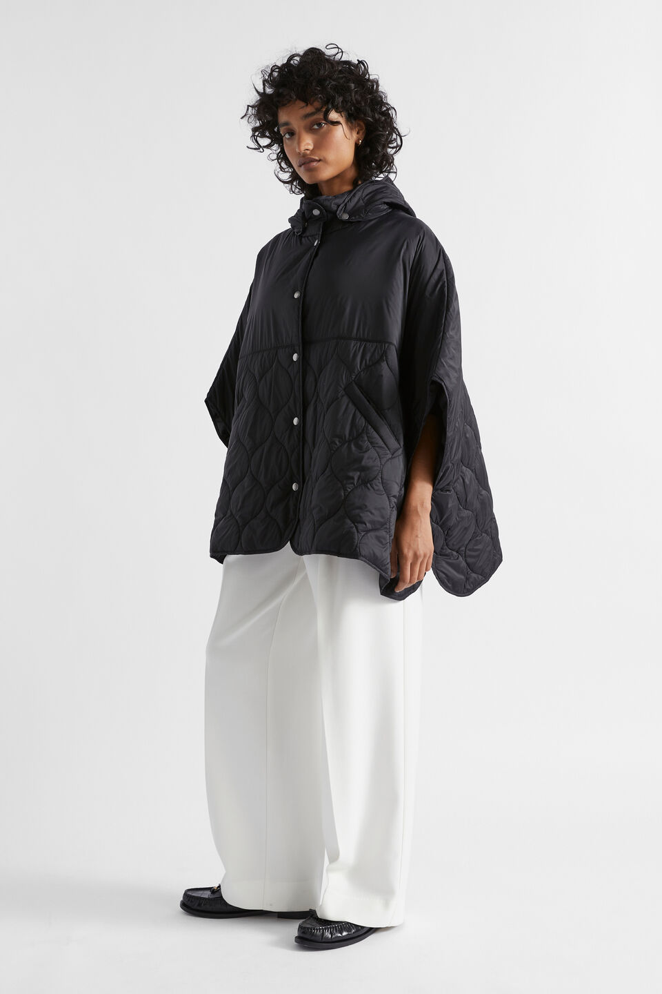 Quilted Hood Poncho  Black
