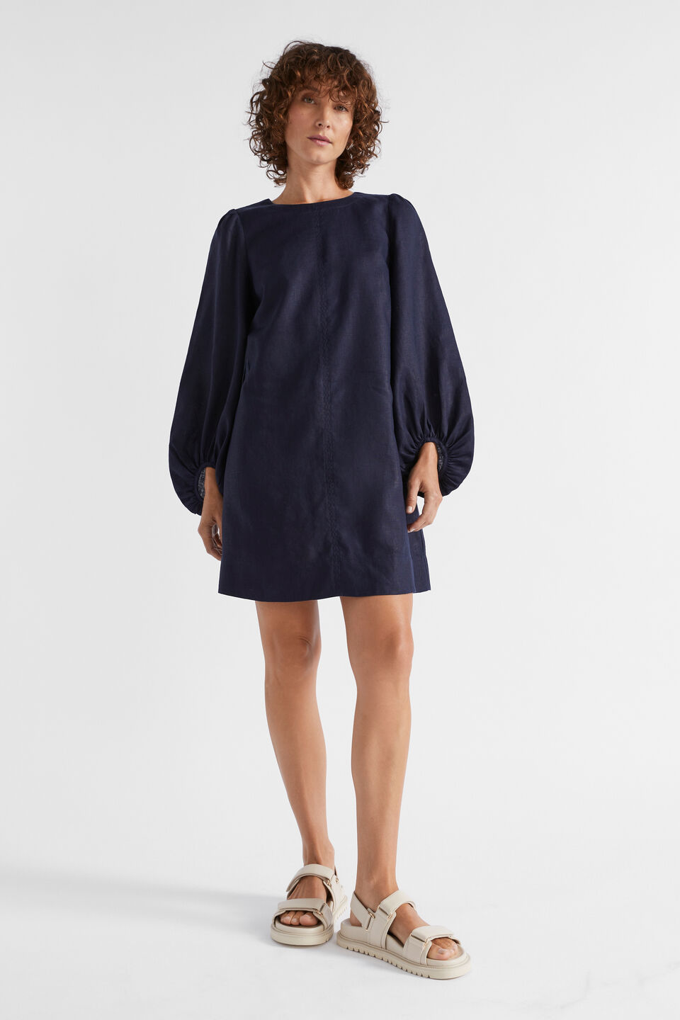 Linen Blouson Sleeve Mini Dress  Midnight Sky