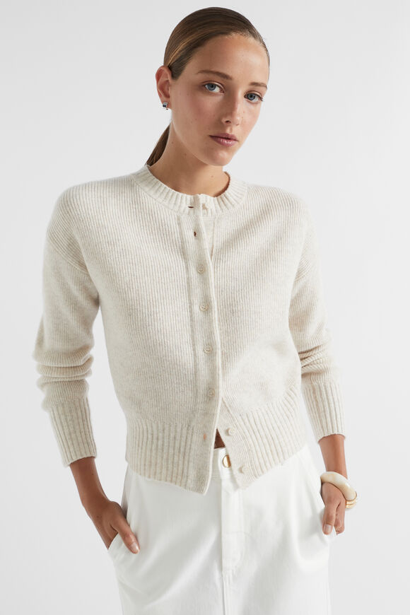 Merino Button Up Knit Cardigan  Oat Marle  hi-res
