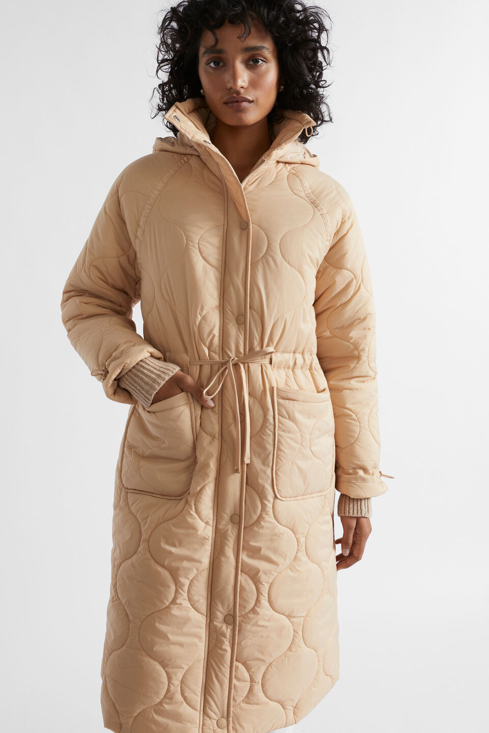 Longline Quilted Puffer Jacket  Champagne Beige