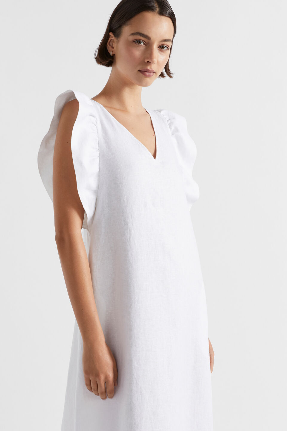 Linen Frill Sleeve Column Dress  Whisper White