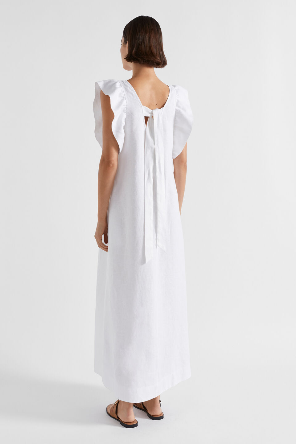 Linen Frill Sleeve Column Dress  Whisper White