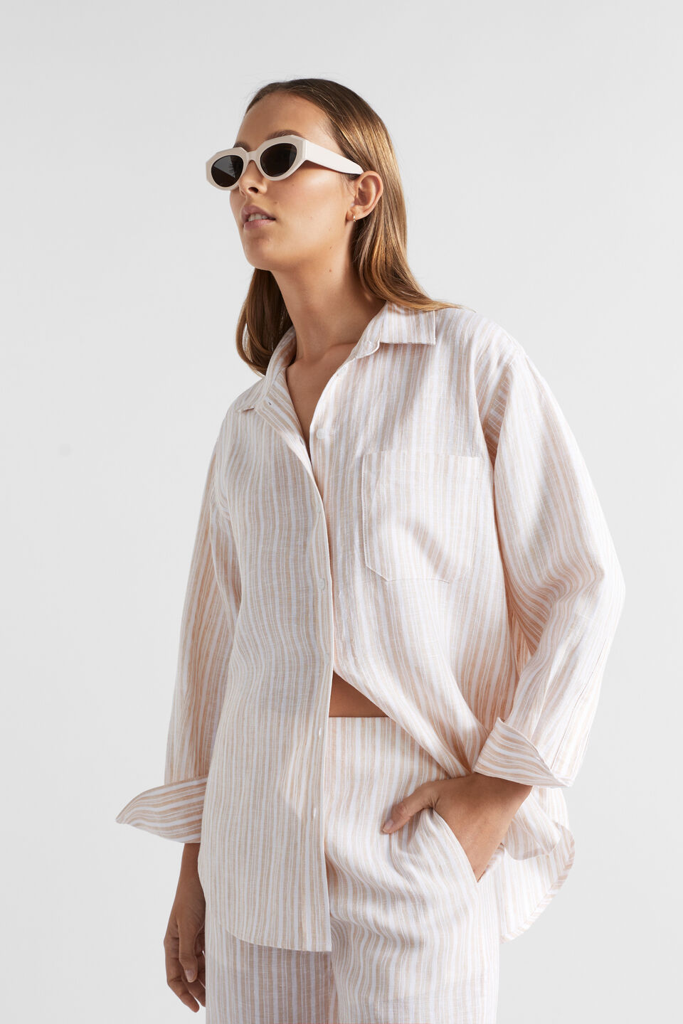 Core Linen Boyfriend Shirt  Soft Wheat Stripe