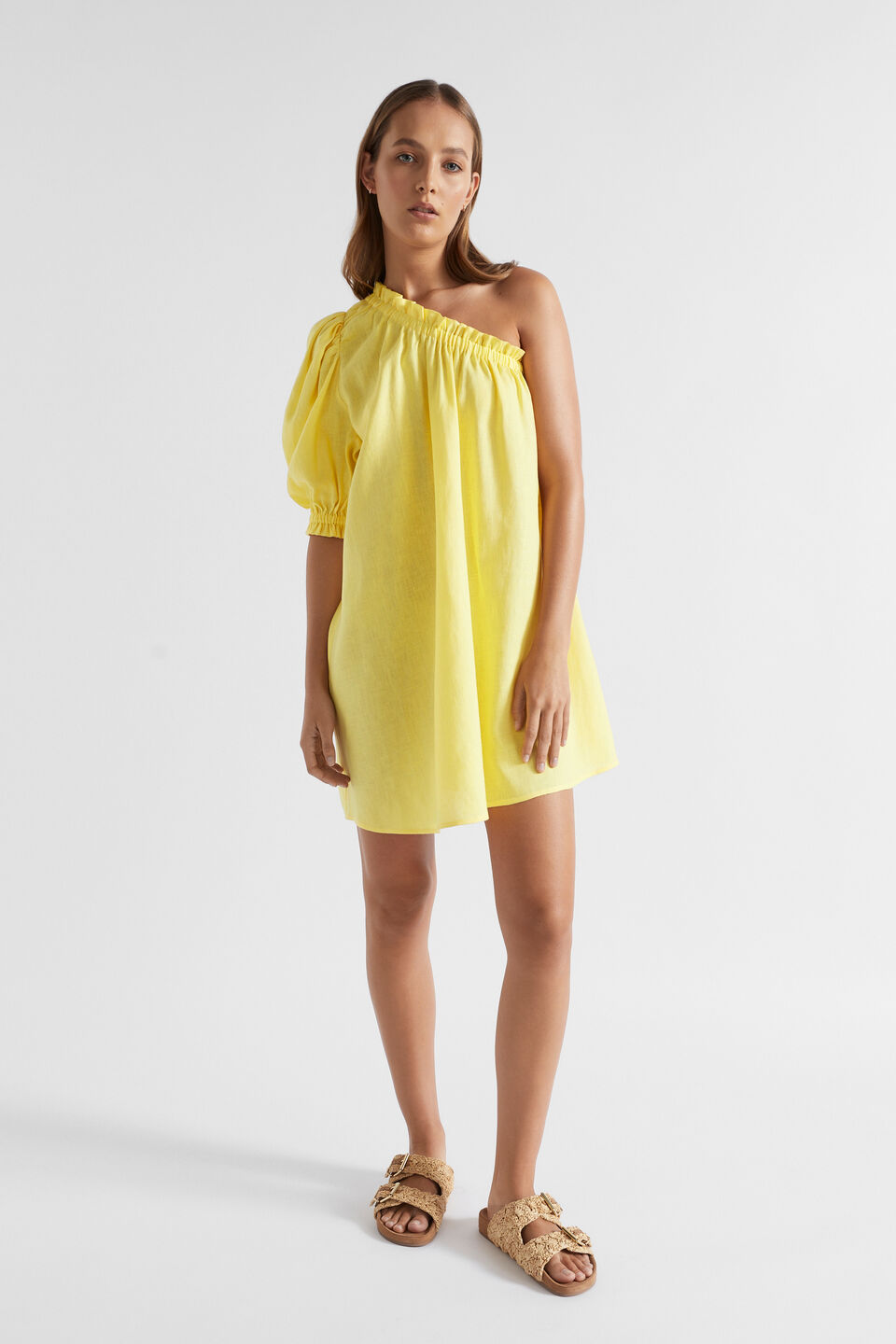 Linen One Shoulder Mini Dress  Lemon Drop