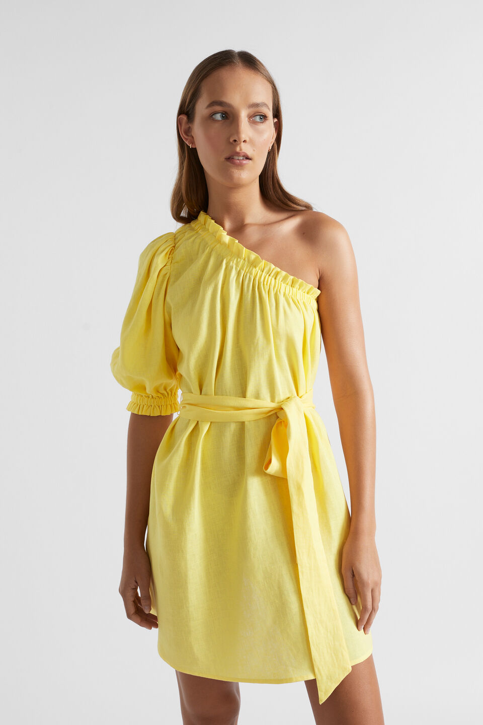 Linen One Shoulder Mini Dress  Lemon Drop