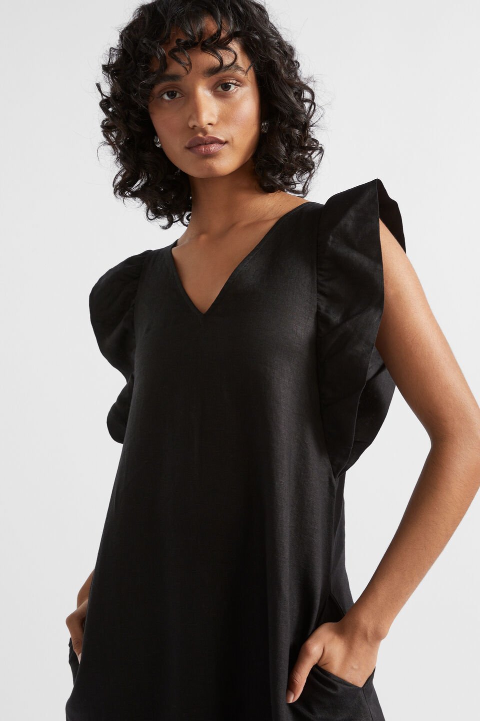 Linen Frill Sleeve Column Dress  Black